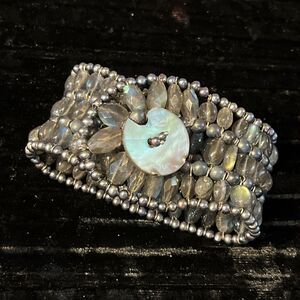 Vintage Labradorite Beaded 3 Row Cuff Bracelet MOP Abalone Button Closure 6.5”